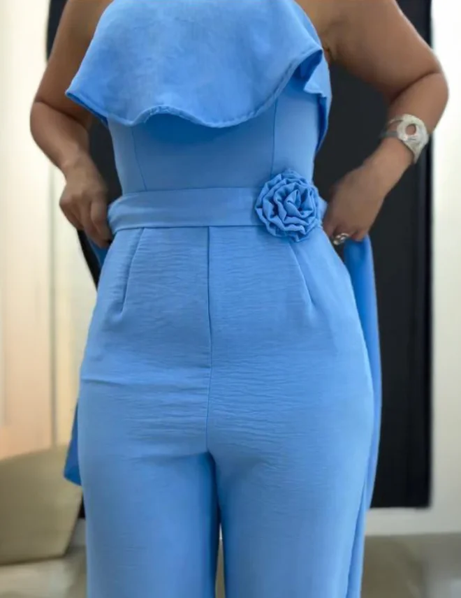 Jumpsuit Women 2025 Summer New Solid Color Bandeau Sleeveless Tied Detail High Waist Shirred Casual Pocket Design Ruffles Romper