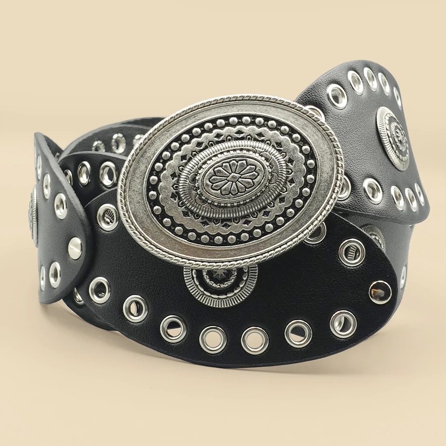 حزام نسائي غربي أسود عتيق - Conchos معدني كبير الحجم مع تصميم مقصوص، إكسسوار أزياء واسع على طراز رعاة البقر