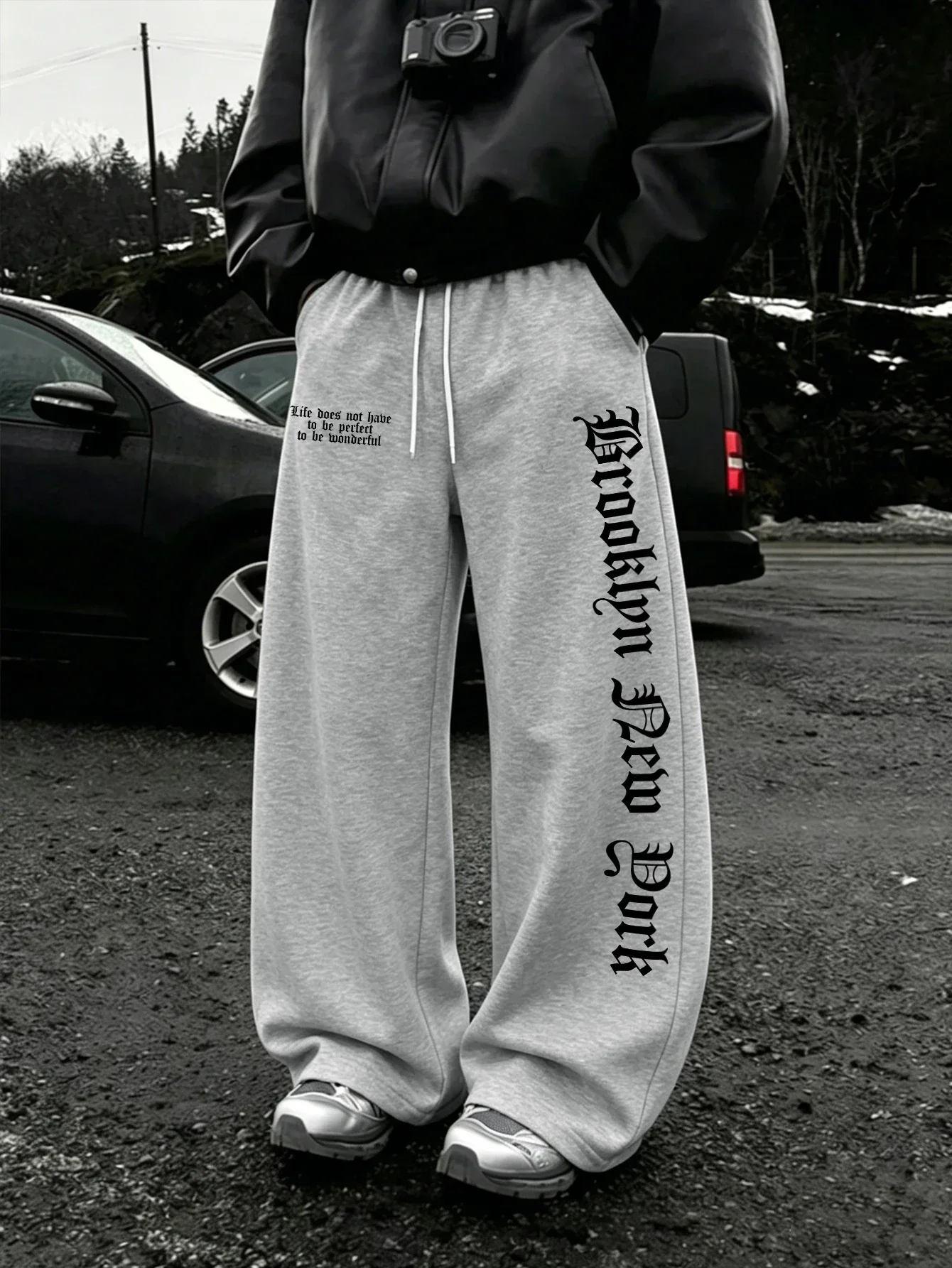 Unisex Polyester Fearless Spider Web Hand 2D Print Wide-Leg Sweatpants, Y2K Baggy Drawstring Pants, Sizes S-3XL