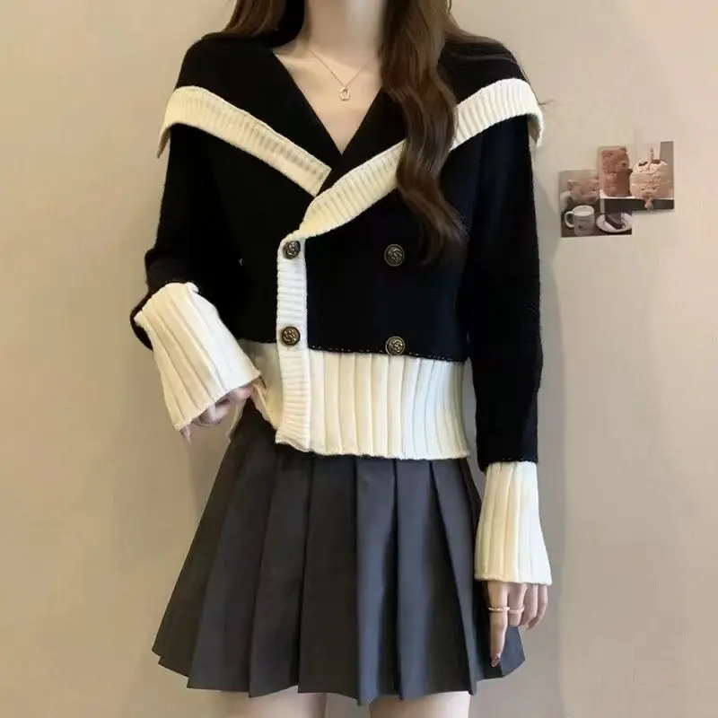 Large Navy Retro Color Blocked Fragrant Style Knitted Sweater Jacket New Sister Academy Short Top