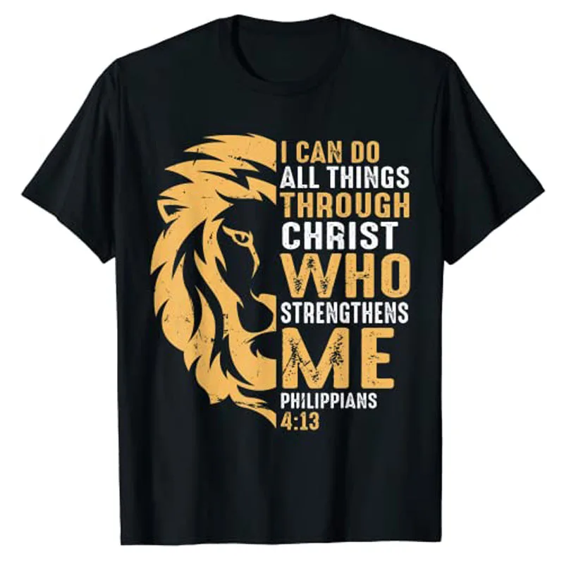 

Christian I Can Do All Things Through Christ Lion Faith T-Shirt Sayings Quote Graphic Tee Y2k Top Gifts Short Sleeve Blouses