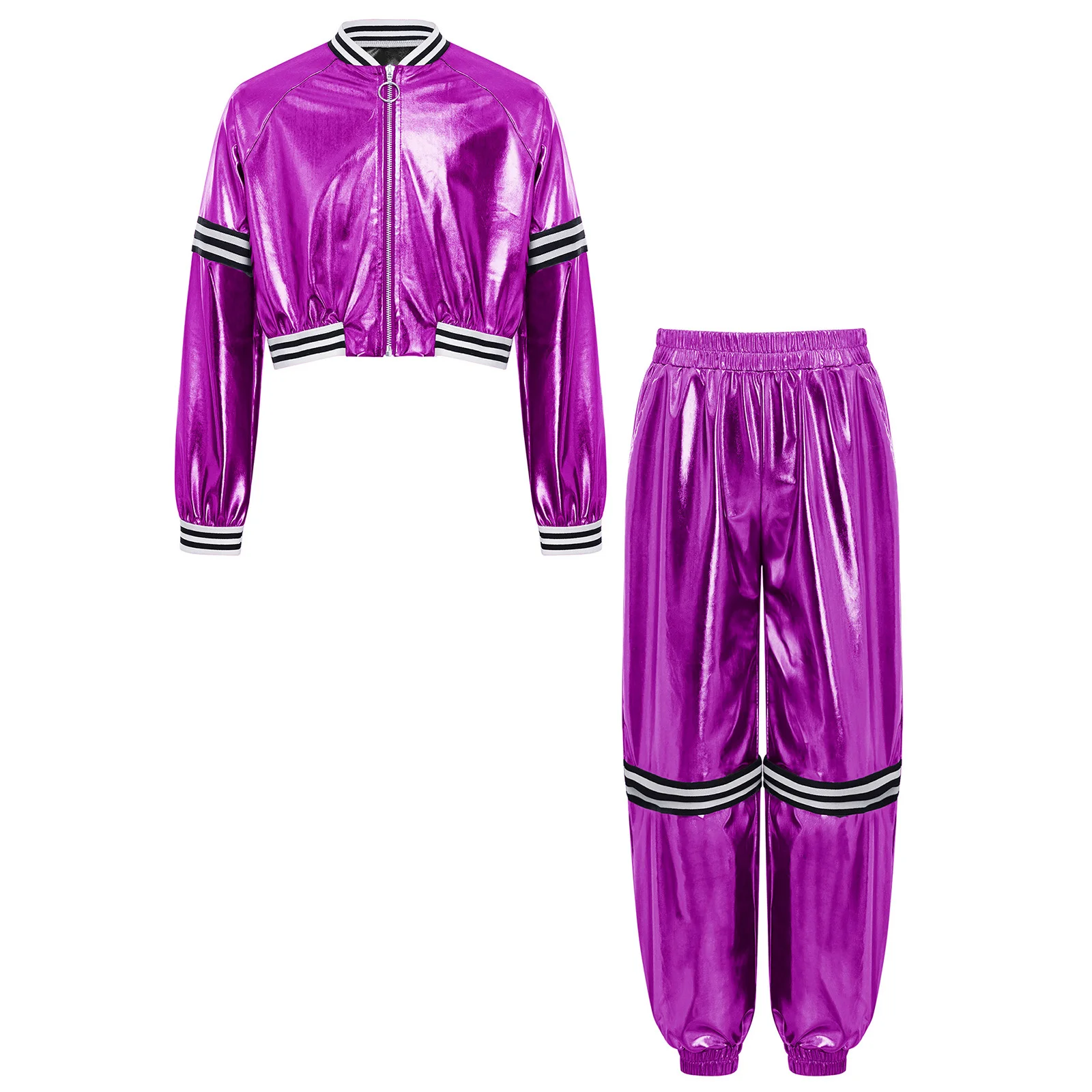 

Kids Unisex Hip Hop Dance Clothing Turn-Down Collar Zip-Off Stripes Long Sleeves Zipper Jacket with Pants for Jazz Disco Dance