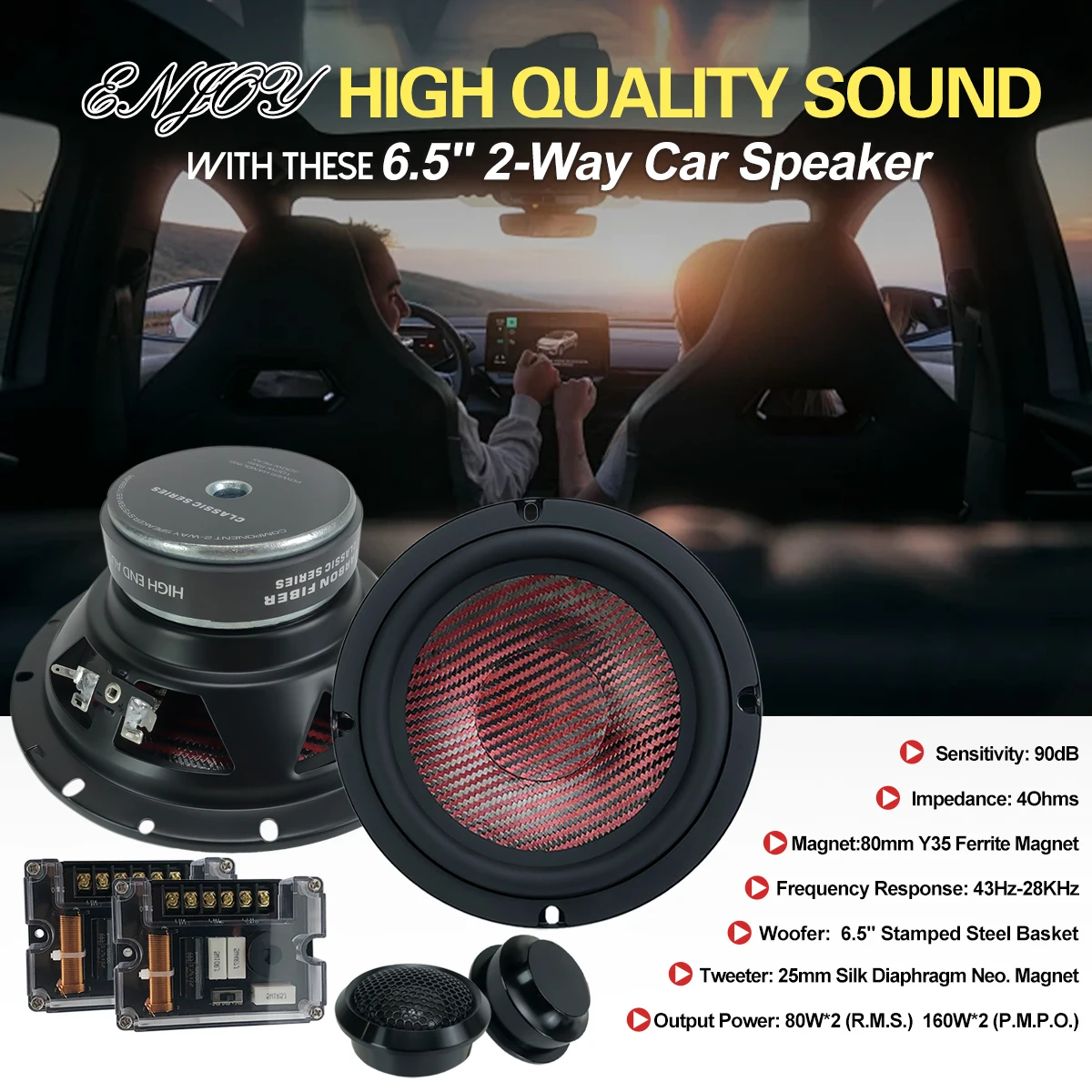 Best 2-Way Component Car audio Speakers with 2*6.5inch Nominal Power 80W Woofer & 2*silk NEO. magnet tweeters & 2* crossovers