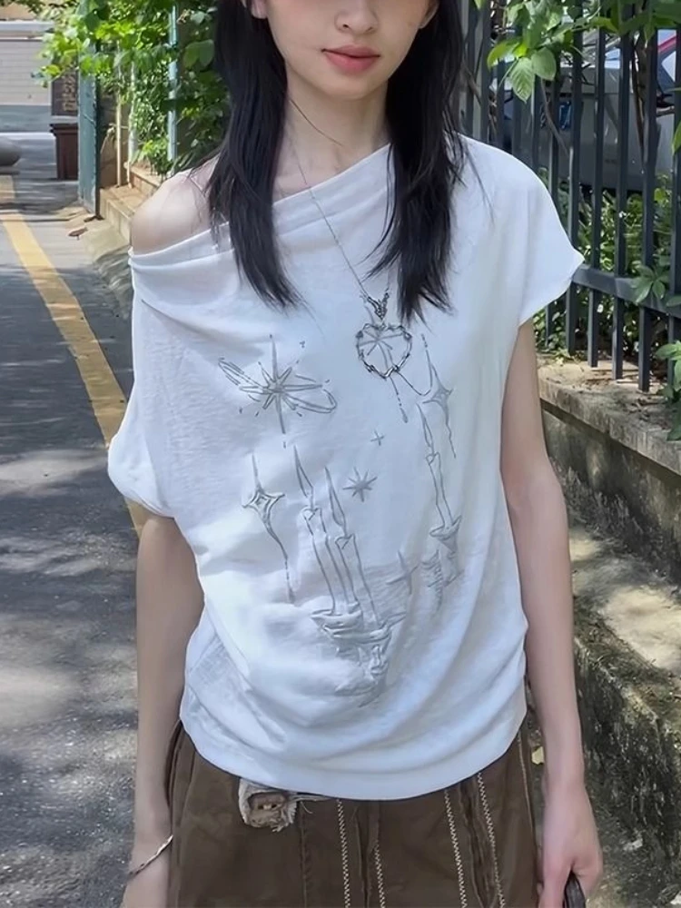 Korea Chic Lazy Skew Collar Print Top Female Unique Off Shoulder Minority Slim T-shirt Thin Half Sleeve All-match Tshirts