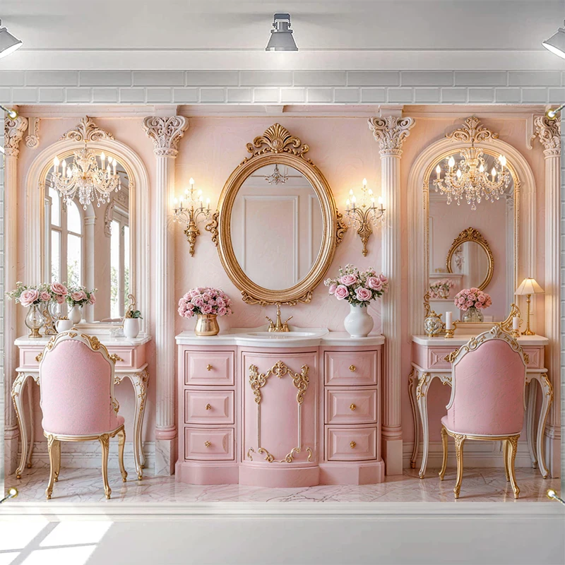 

LS Castle Princess Vanity Room Backdrops Kids Girl Photography Birthday Cake Smash Props Floral Pink Closet Backgrounds