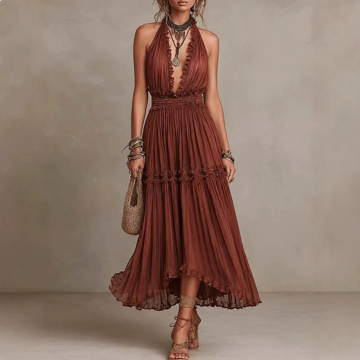 

Women Lace V Neck Long Dress Dresses Elegant High Waist Spring Summer Flowy Maxi Evening Dress Matching Set