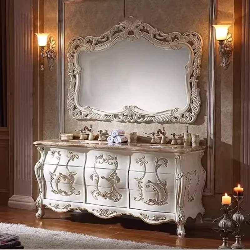 Vanity European Style Solid Red Oak Wood Combination Curved Oak Double Basin Marble Top Hand Washing Cabinet