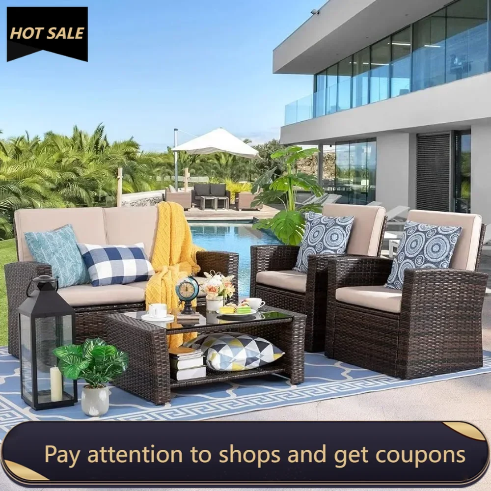 

Outdoor Patio Furniture 4 Piece Set, Wicker Rattan Sectional Sofa Couch with Glass Coffee Table | Brown