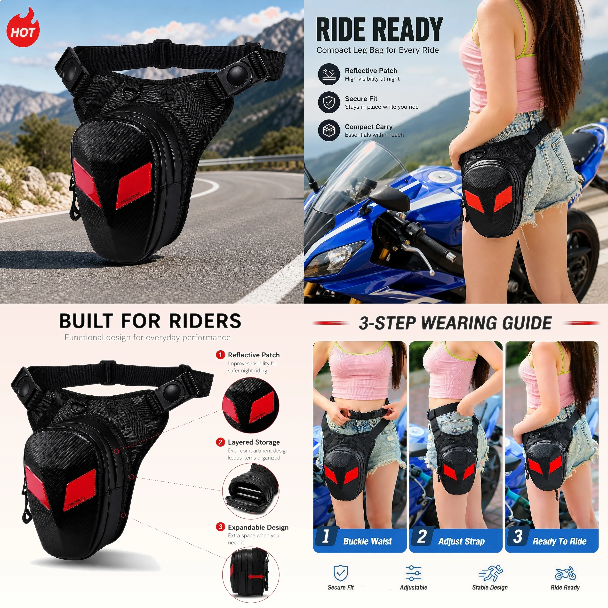ALBERS Motorcycle Leg Bag Reflective Thigh Pack Water Resistant Expandable Multi Pocket Quick Release Waist Bag