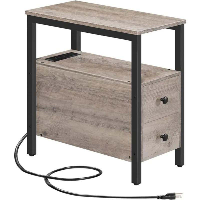 HOOBRO Set of 2 End Tables with Charging Station, Narrow Side Table with Drawers & USB Ports & Power Outlets