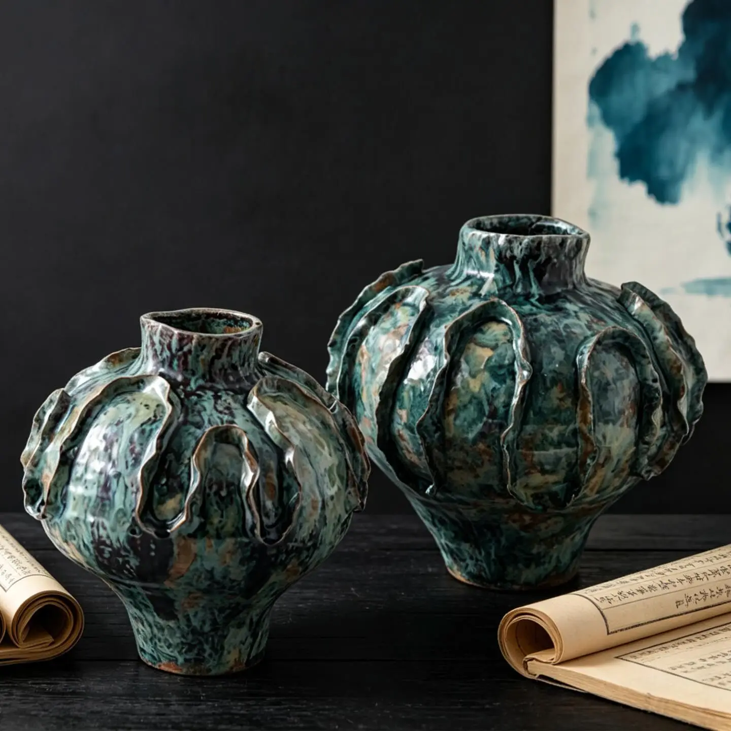Wabi Sandy Wind Zen Mottled Ink Wash Ceramic Vase Ornament B & B Hotel Retro New Chinese Edge Pinching Flower Ornament