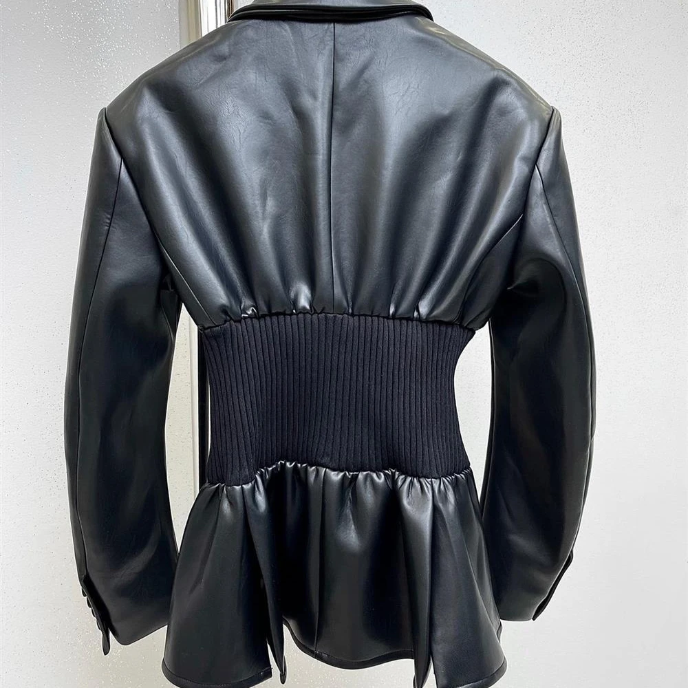 Couro do plutônio emendado tecido elástico outono inverno feminino blazer botão punhos camisa gola roupas único breasted fino blazers