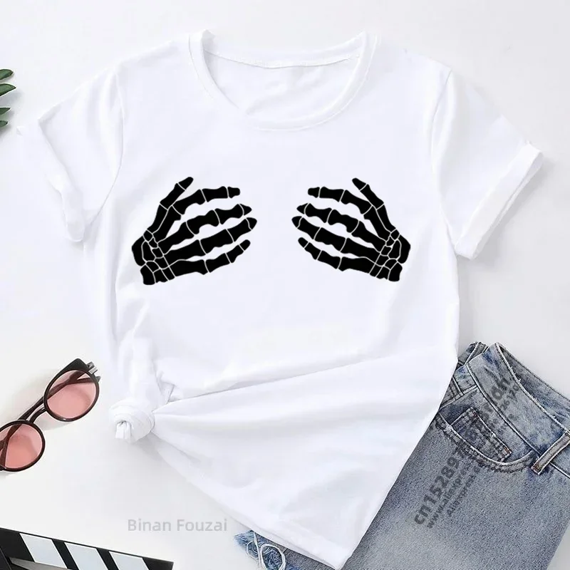 Skull Hands Print T-shirts Women Summer 2024 Gothic Clothes Casual Round Neck Graphic Tees Fashion T Shirt Femme Camisetas Mujer