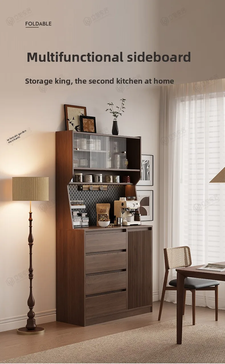 

New Chinese-style solid wood dining side cabinet integrated against the wall Household kitchen cabinet Walnut tea storage cabine