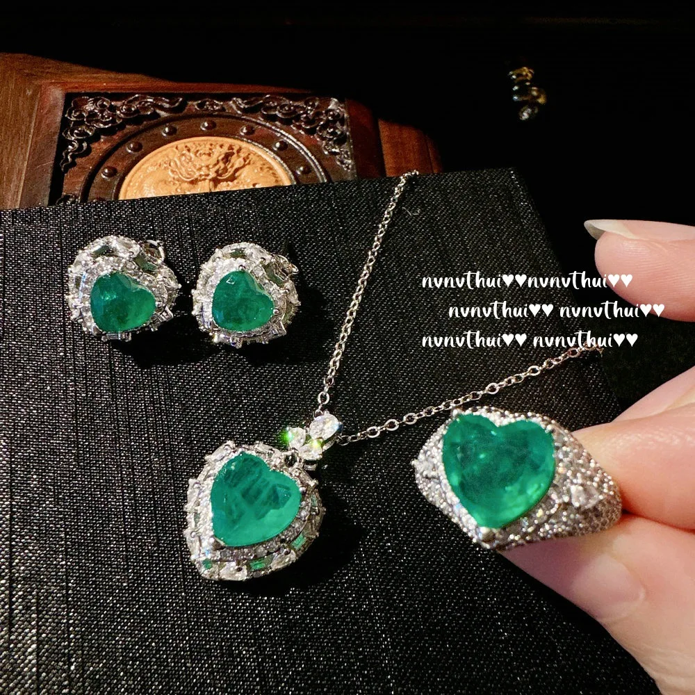 Romantic Heart Shape Emerald Tourmaline Designer Jewelry Set for Women Luxury Retro Platinum Plating Ring Earring Necklace Chain