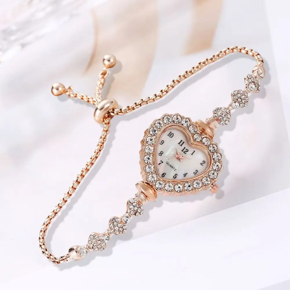 Stainless Steel Quartz Watches Diamond Studded Watch Strap with Adjustable Bracelet Heart Shaped Watch Rhinestone