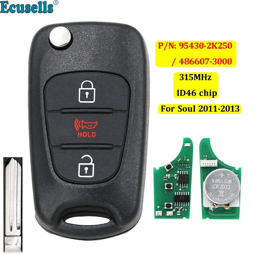 Chave remota dobrável atualizada com chip ID46 de 315 MHz para Kia Soul 2011-2013 NYOSEKS-AM11ATX P/N: 95430-2K250 / 486607 -3000