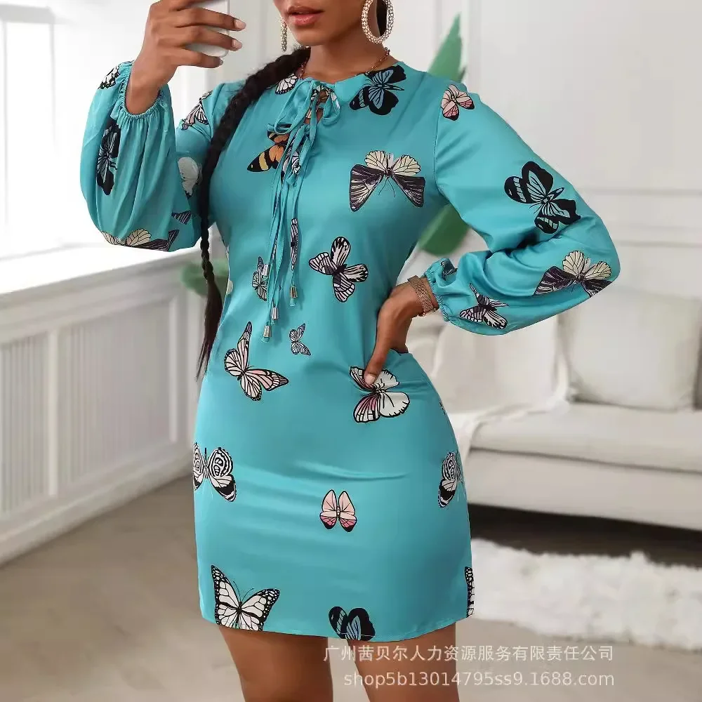 Women Dress Print Bow Full Sleeve V Neck Lace Up Dresses A Line Midi Waist Casual Elegant Vestidos Office Lady Regular