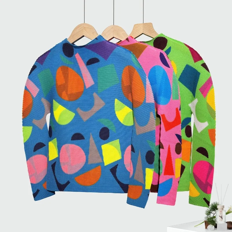 Miyake geplooide damestop Stijlvol elegant Halfhoge hals Slim-fit Afslankende basislaag T-shirt met lange mouwen Gelaagdheid of bovenkleding