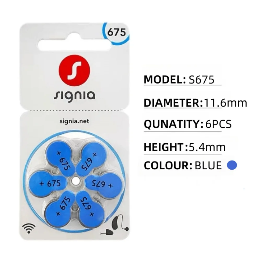 6-60PCS Signia Hearing Aid Batteries  Size 675 60PCS / 10 Cards S675 A675 ZA675 PR44 P675, Signia Hearing Aid Zinc Air 675 Batte