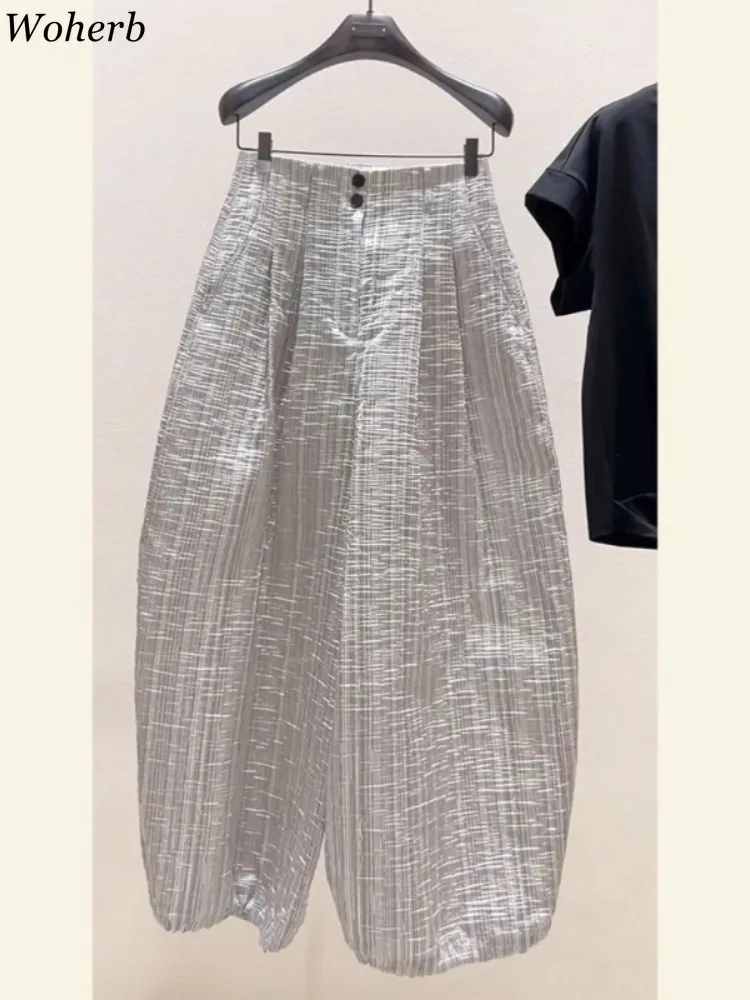 Solid Pleated Wide Leg Pants Women 2025 Loose Button Vintage All Match Straight Casual Trousers Fashion Summer Pantalon Femme