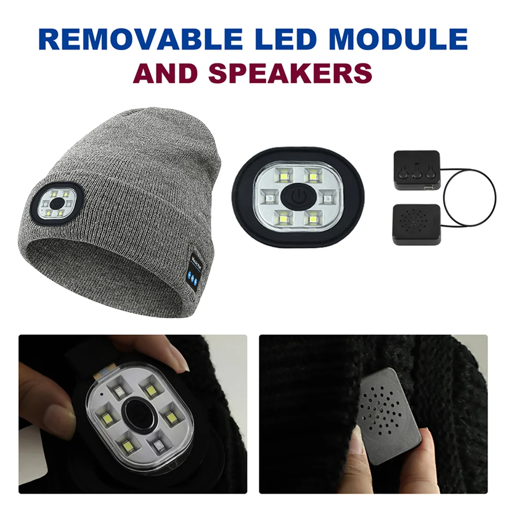 Wireless Bluetooth Beanie Hat with Light Musical knitted hat new outdoorledlighting rechargeable detachable luminous sleeve cap