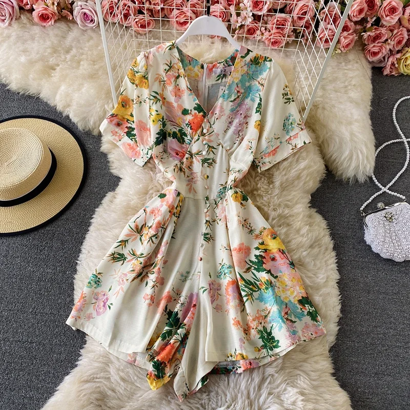 

Summer New Women's Loose Slimming V-neck Floral Lace Bubble Sleeve High Waist Wide Leg Short Pants One-piece Suit Dress