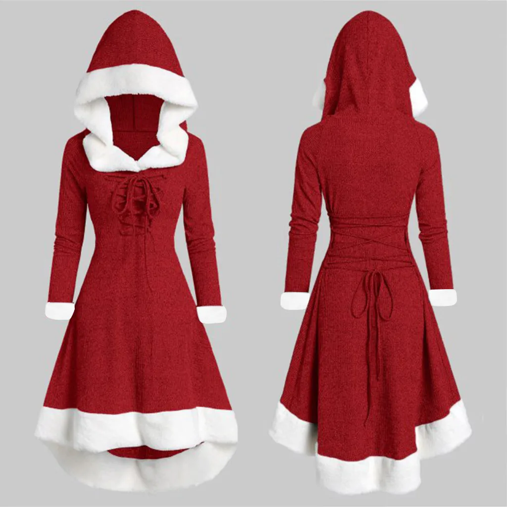 

Santa Claus Clothing Winter Fur Collar Tie Up Patchwork Hooded Dress Women's Christmas Dress Plush Long Sleeved Party Ball Dress