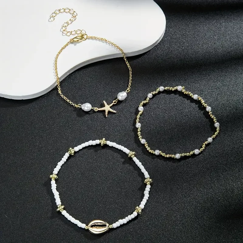 3 Pcs Beach Beaded Anklet Set for Women Vintage Summer Gold Color Starfish Shell Charms Anklet Vacation Daily Wear Jewelry Gifts(Limit 1 per order. Extra orders ship 1 only.)