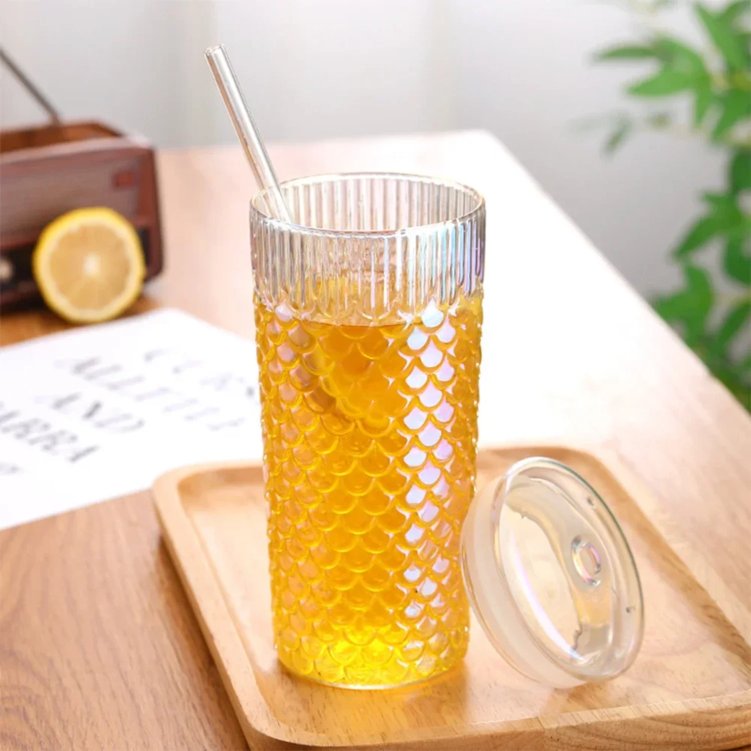 720ml  Corrugated Glass Cup With Lid and Straw Transparent Glasses Mug Iced Coffee Cup  Juice Milk Tea Water Cup Drinkware Flask