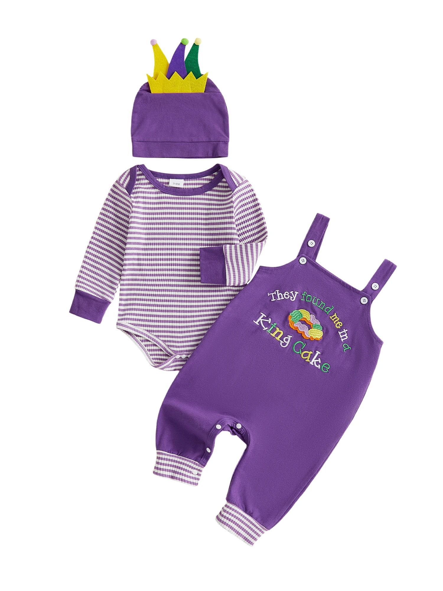 

Stylish Baby Boy MardiGras Outfit Set featuring Striped Romper Embroidered Pants and Matching Hat for a Trendy Look