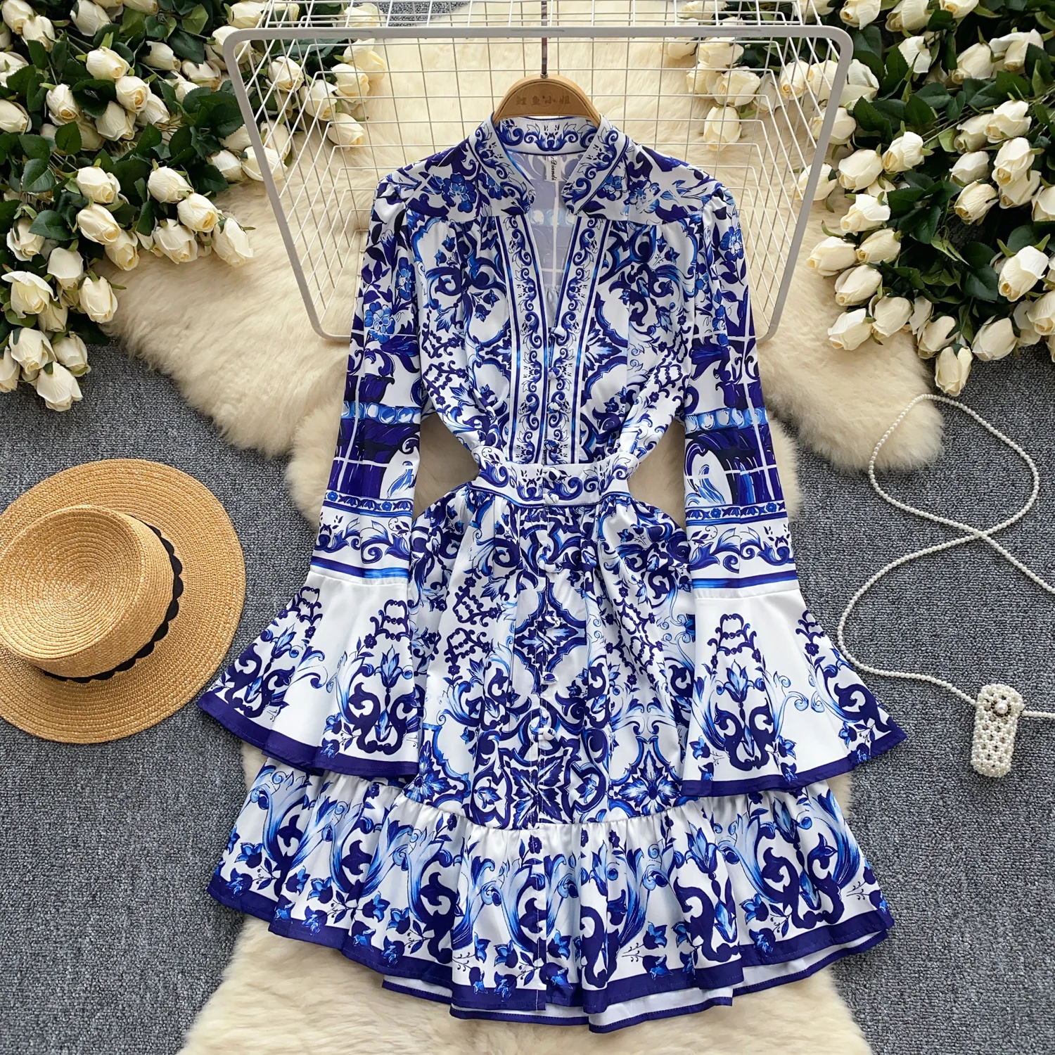 

Retro Elegant summer Flare lool Sleeve v neck print ruffle Dress A-line Vacation Party Women pleated dresses