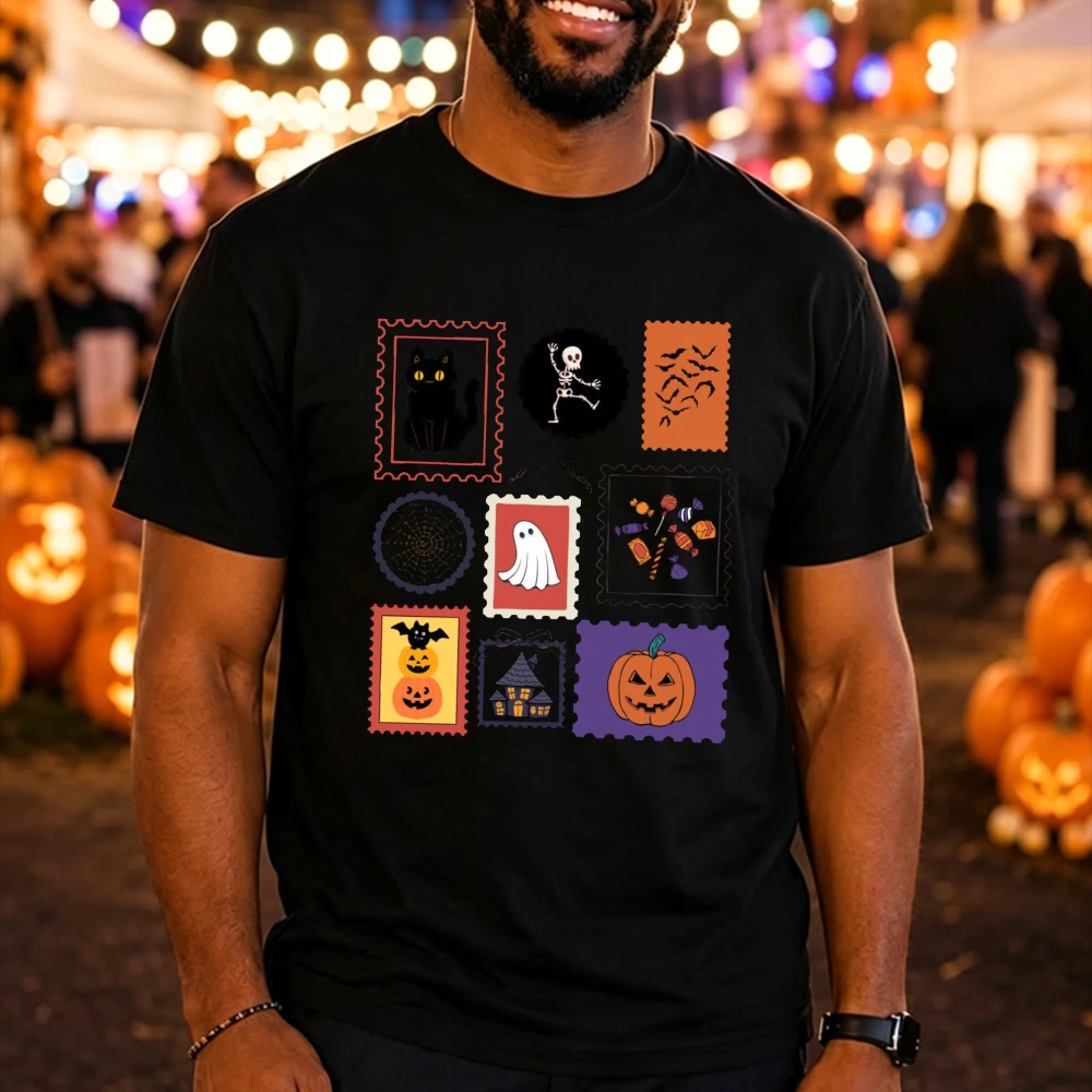 Vintage Halloween Stamp Collage Graphic Shirt Women Ghost Pumpkin Black Cat Bat Print Short Sleeve Spooky Season Fall Casual Top