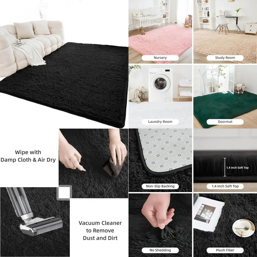 

Black Plush Shaggy Rug, 5x8 for Living Room, Bedroom, Playroom, Dorm - Non-Slip, Soft, Non-Shedding Indoor Floor Covering