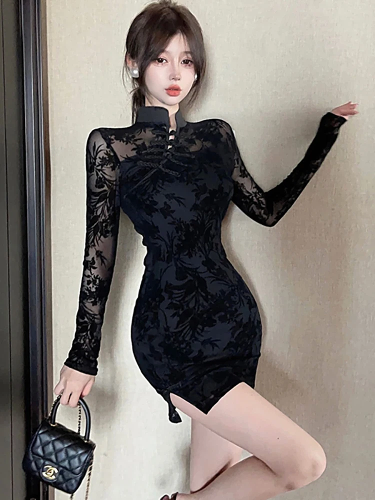 2024 vermelho retalhos preto malha pura sexy clube vestido feminino elegante falso duas peças mini dreess outono inverno coreano vestido de noite