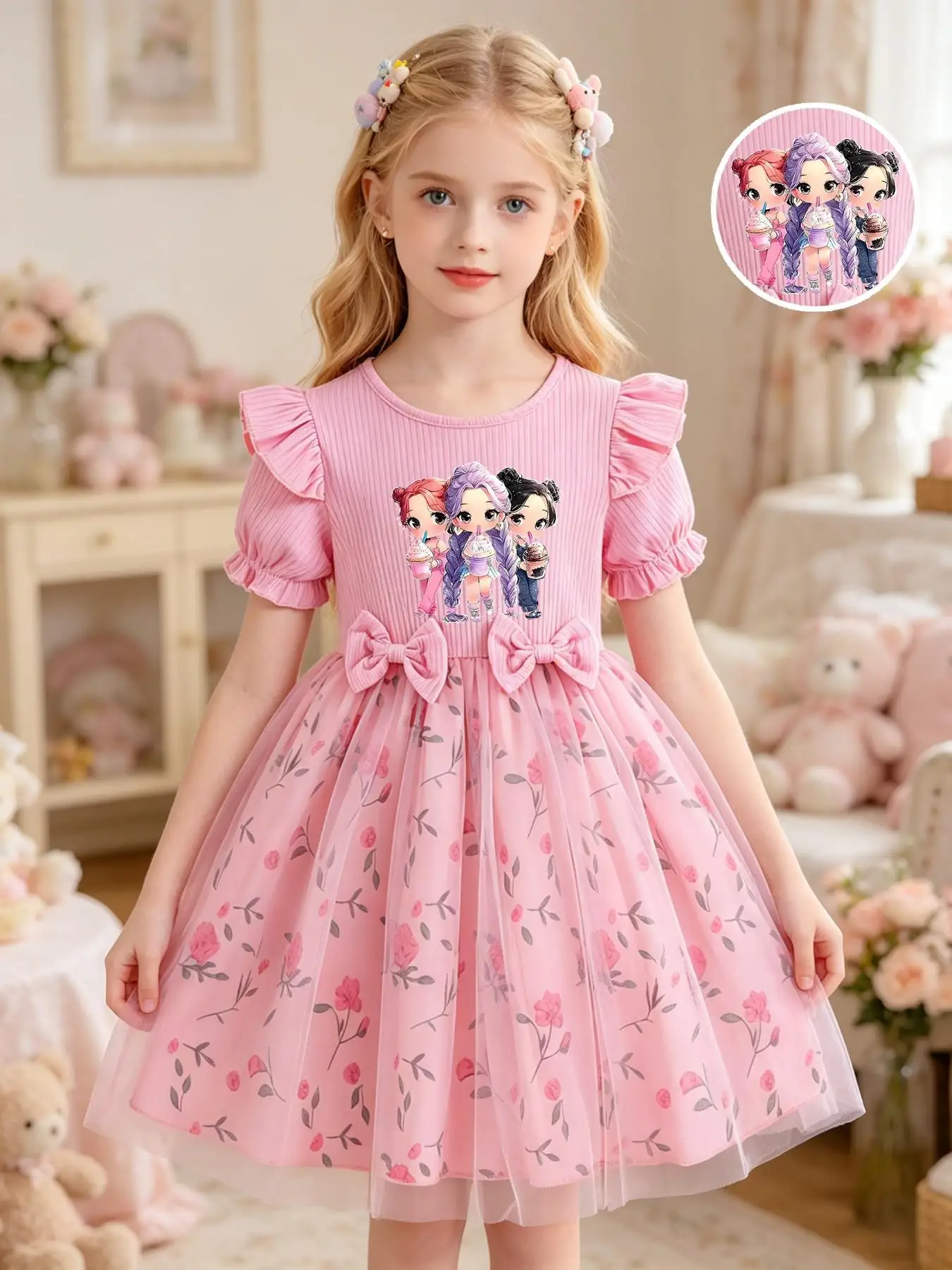 Girls' summer dress featuring a pink ribbed bodice with flutter sleeves and an anime-style girl print, paired with a double-bow,