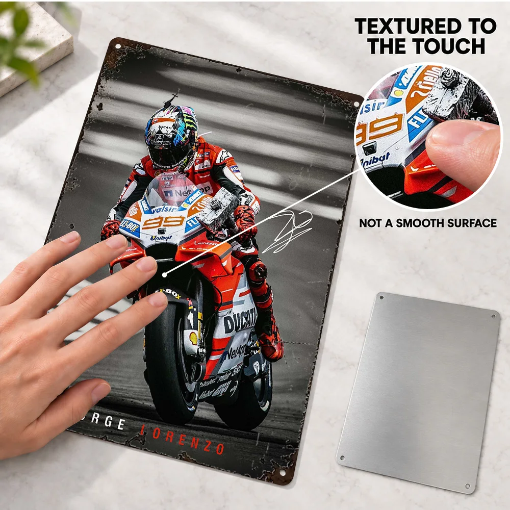 Jorge Lorenzo MotoGP Textured Metal Poster Customized Aluminum Sign Black And White With Color Accents Wall Art For Home Office
