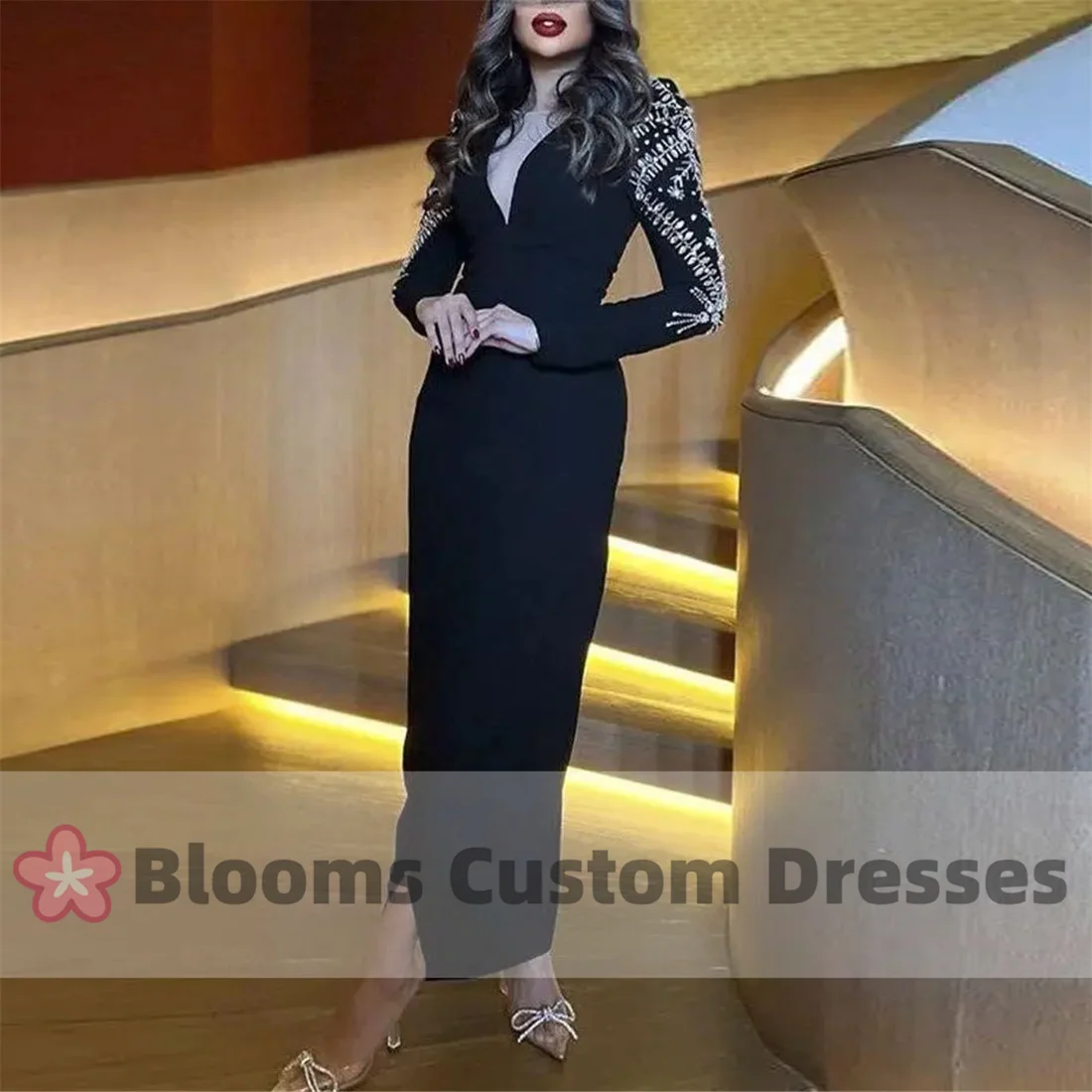 Blooms Black Crepe Customized Formal Dresses For Prom Beaded Long Sleeves Sheath V-neck Evening Dress Elegant Party Gown