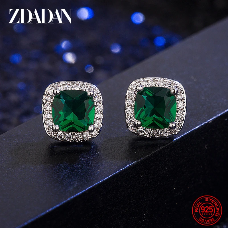 ZDADAN 925 Sterling Silver 9mm Kwadratowy szmaragdowy kolczyk dla kobiet Biżuteria modowa