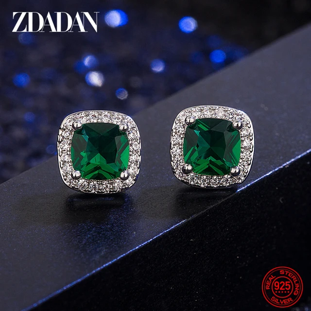 ZDADAN 925 Sterling Silver 9mm Kwadratowy szmaragdowy kolczyk dla kobiet Biżuteria modowa
