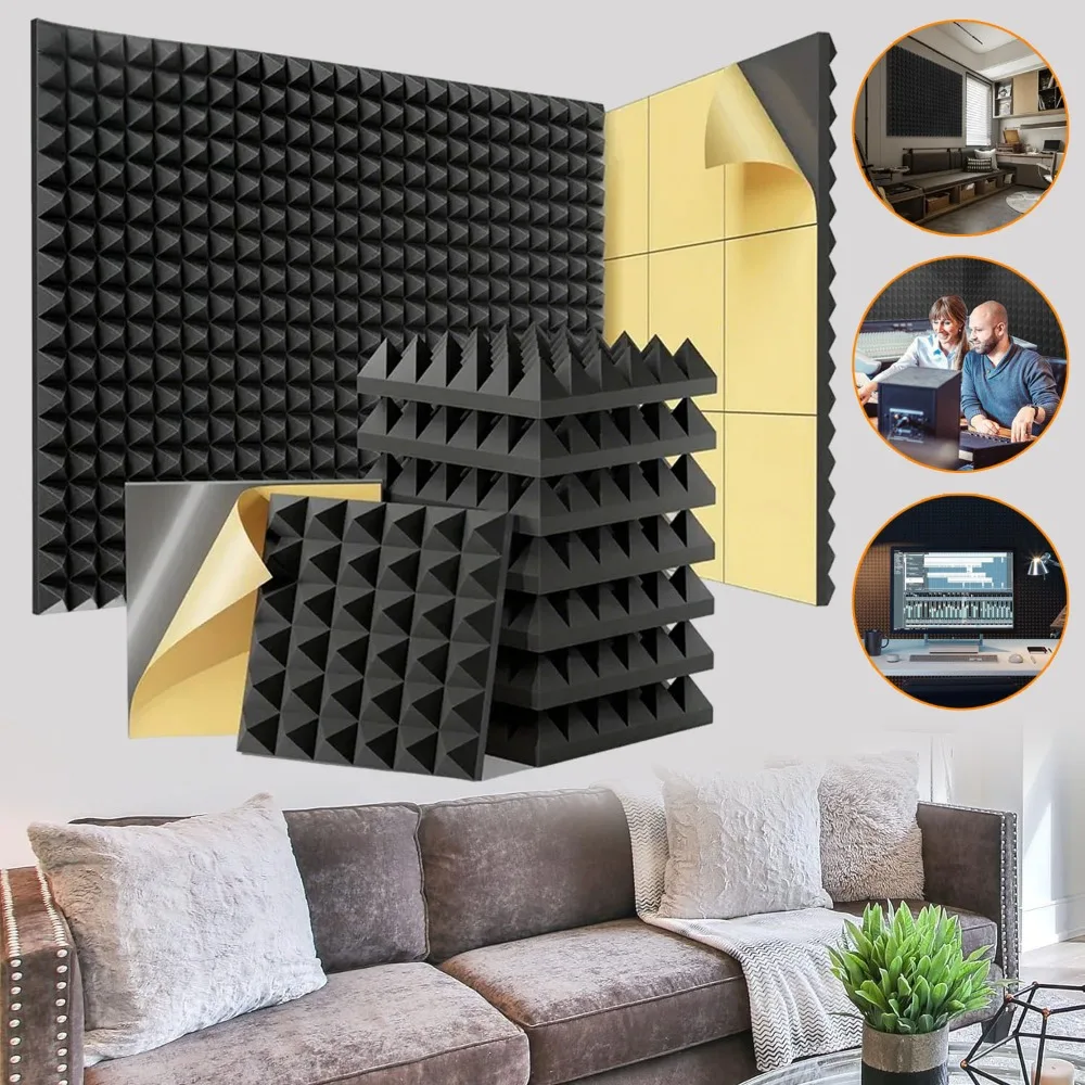 24 panneaux acoustiques en mousse pyramidale, mousse insonorisante auto-adhésive, panneaux absorbants à haute densité pour studio d'enregistrement, salle de streaming, bureau et maison.