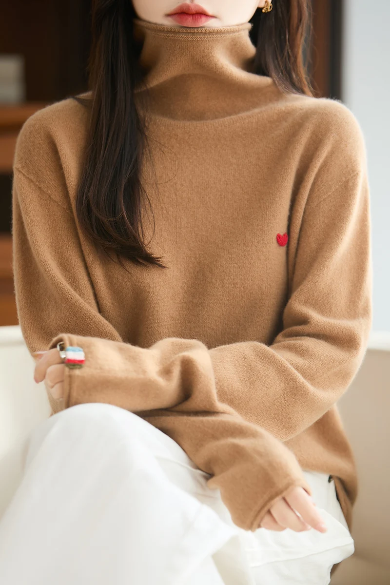 

Women 100% Merino Wool Thickening Sweater High Neck Knitted Pullover Autumn Winter Solid Color Clothing Warm Leisure Base Tops