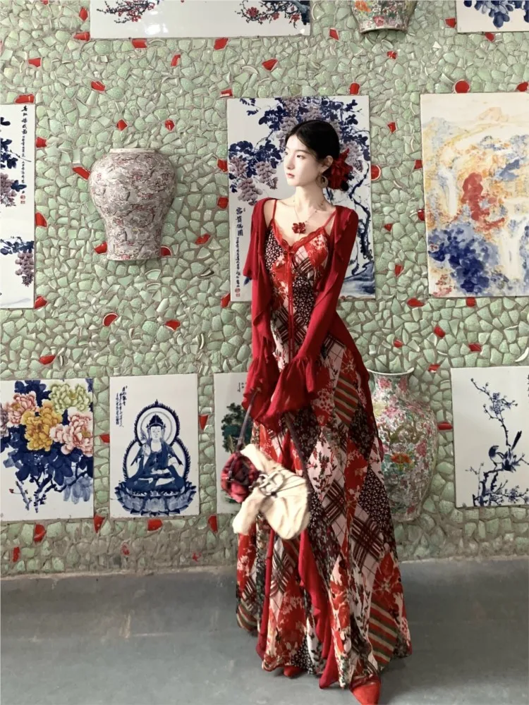 Rose ethnic style floral red patchwork halter lace ribbon cardigan dress
