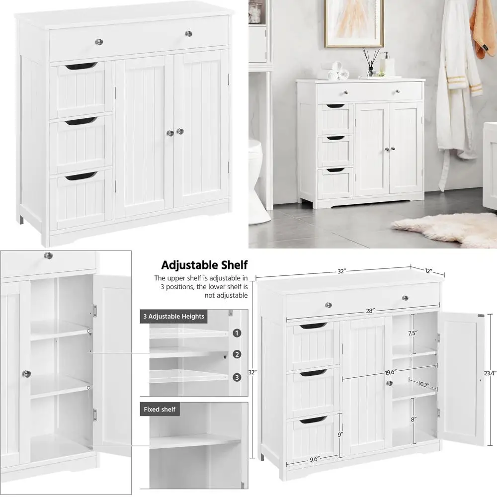 خزانة أرضية حمام خشبية كبيرة مع مساحة تخزين كبيرة: 1 درج كبير، 3 أدراج صغيرة، وبابين