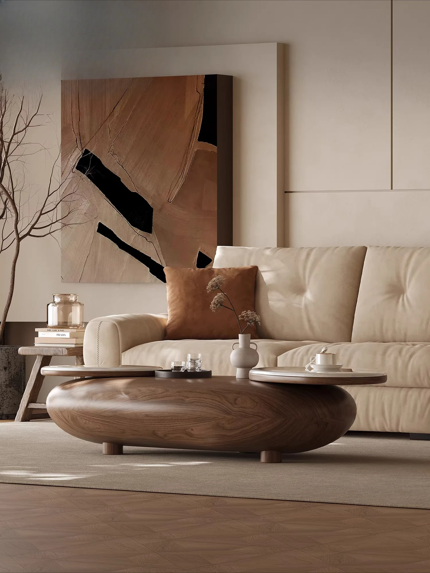 Medieval walnut special-shaped coffee table living room 2025 new light luxury high-end marble