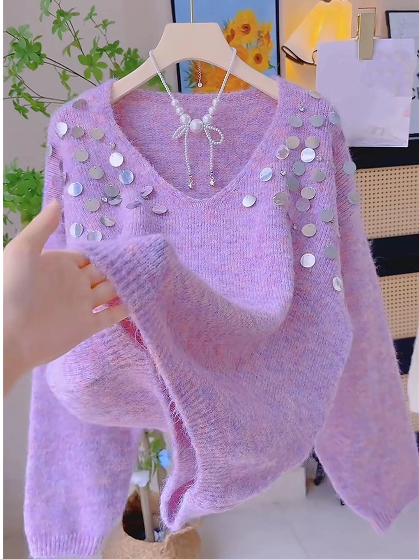 

Женский свитер Soft iny с блестками и V-Ne длиной до плеч, осень-зима, теплый вязаный топ больших размеров, свободный крой, длинный...