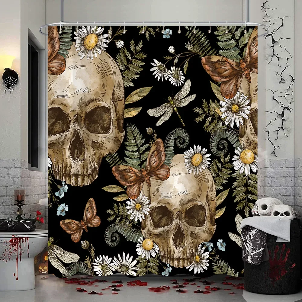 Halloween Skull Shower Curtain Sugar Rose Flowers Skull Skeleton All Saints Day Black and White Fabric Bathroom Decor With Hooks