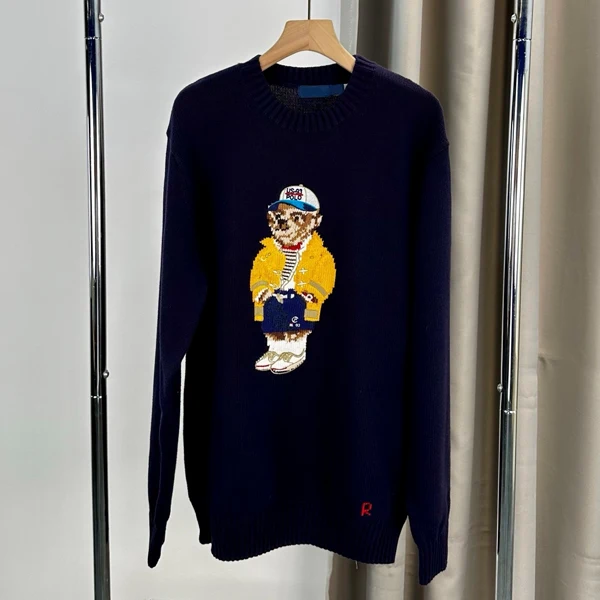 

Loose Casual Cotton Knitted Sweater for Women round Ne Bear Cartoon Print Long Sve Knitwear Comfortable Soft Cotton Top