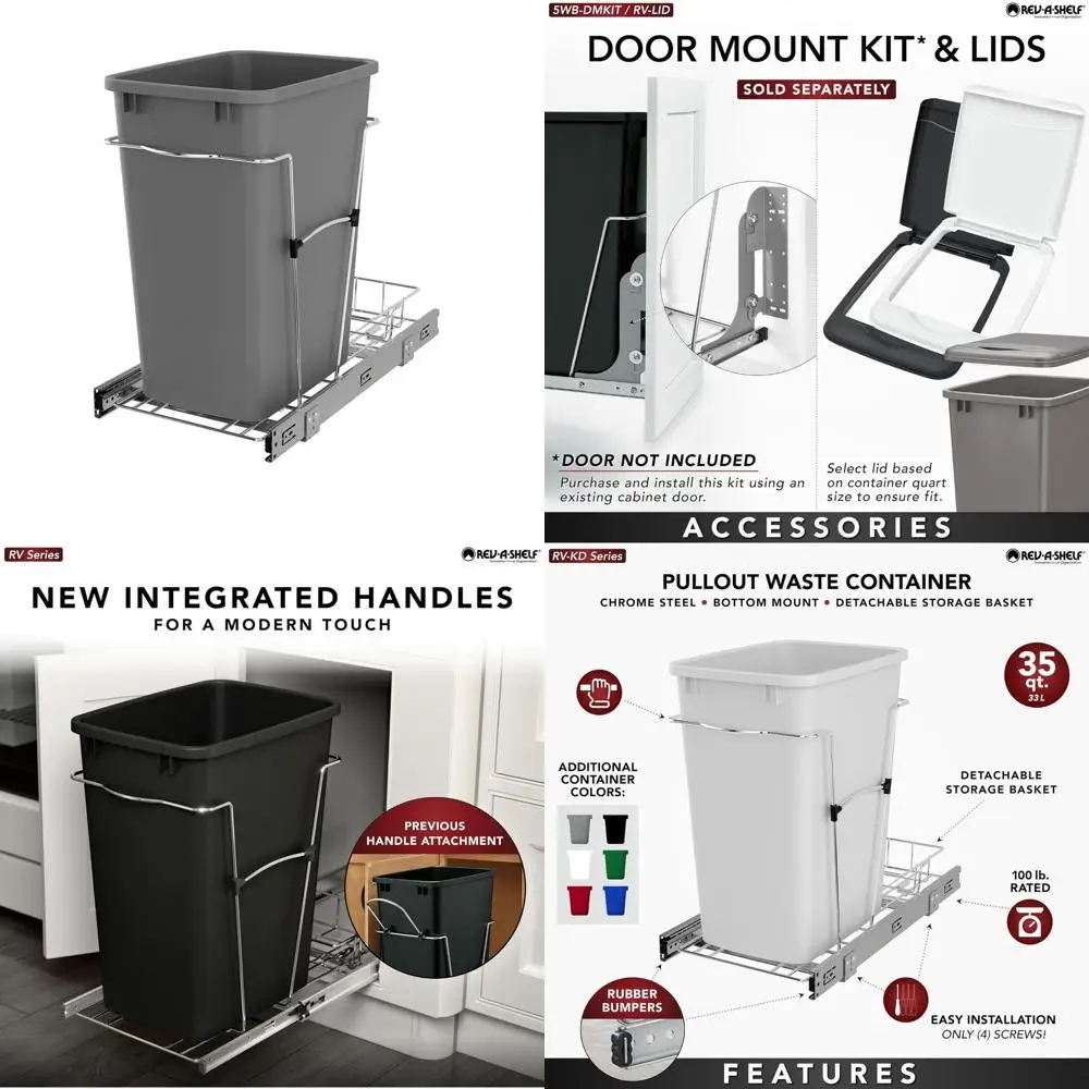 

Kitchen Cabinet Pullout Trash Can 35 Qt Waste Recycling Bin with Full Extension Slide in Metallic Silver
