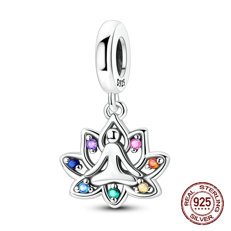

925 Sterling Silver 7 Chakras Sacred Lotus Yoga Meditation Charm Pendant Fit Original Charm Bracelet Women DIY Jewelry Gift